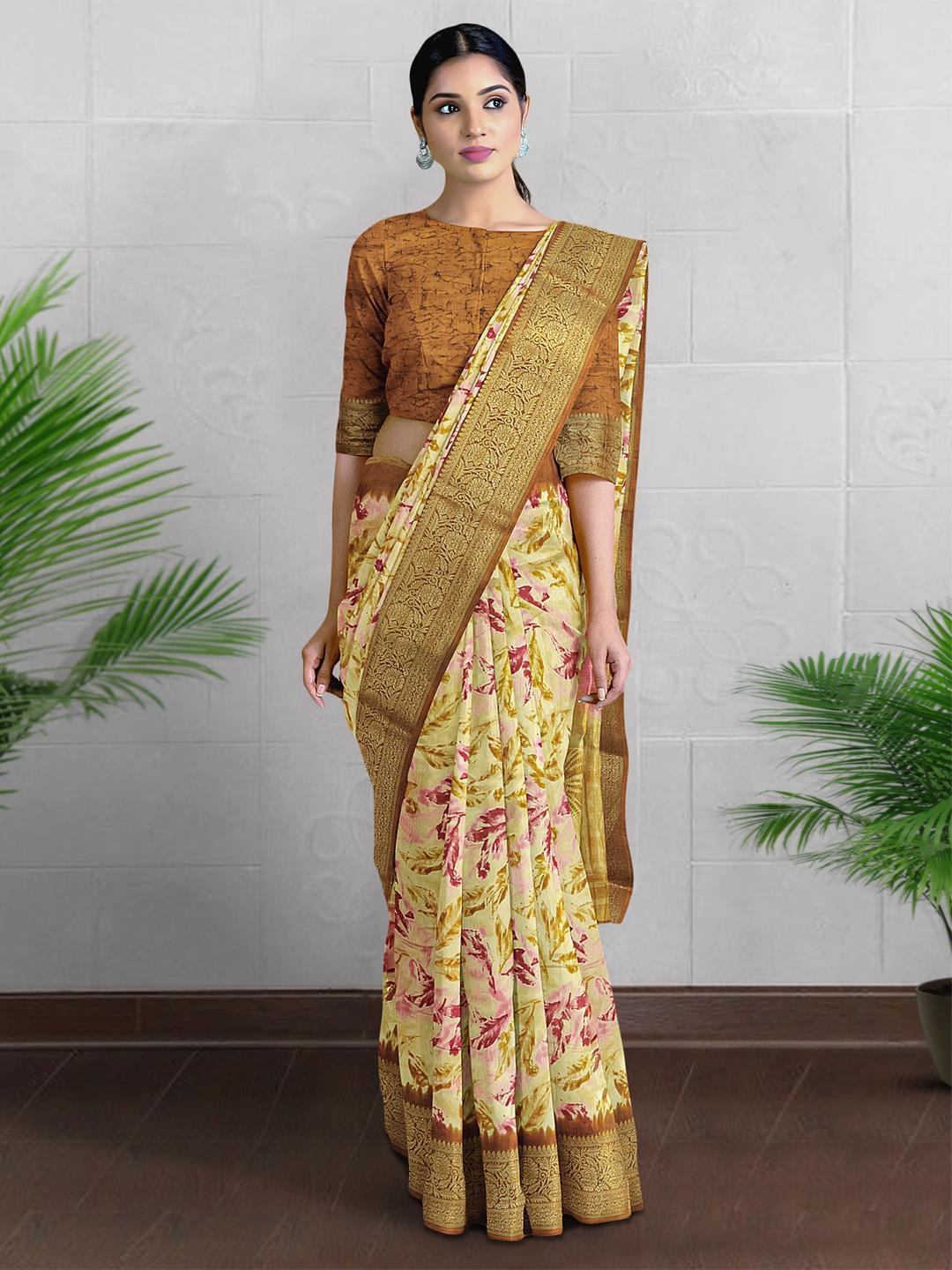 

Kalamandir Floral Printed Zari Pure Cotton Saree, Yellow