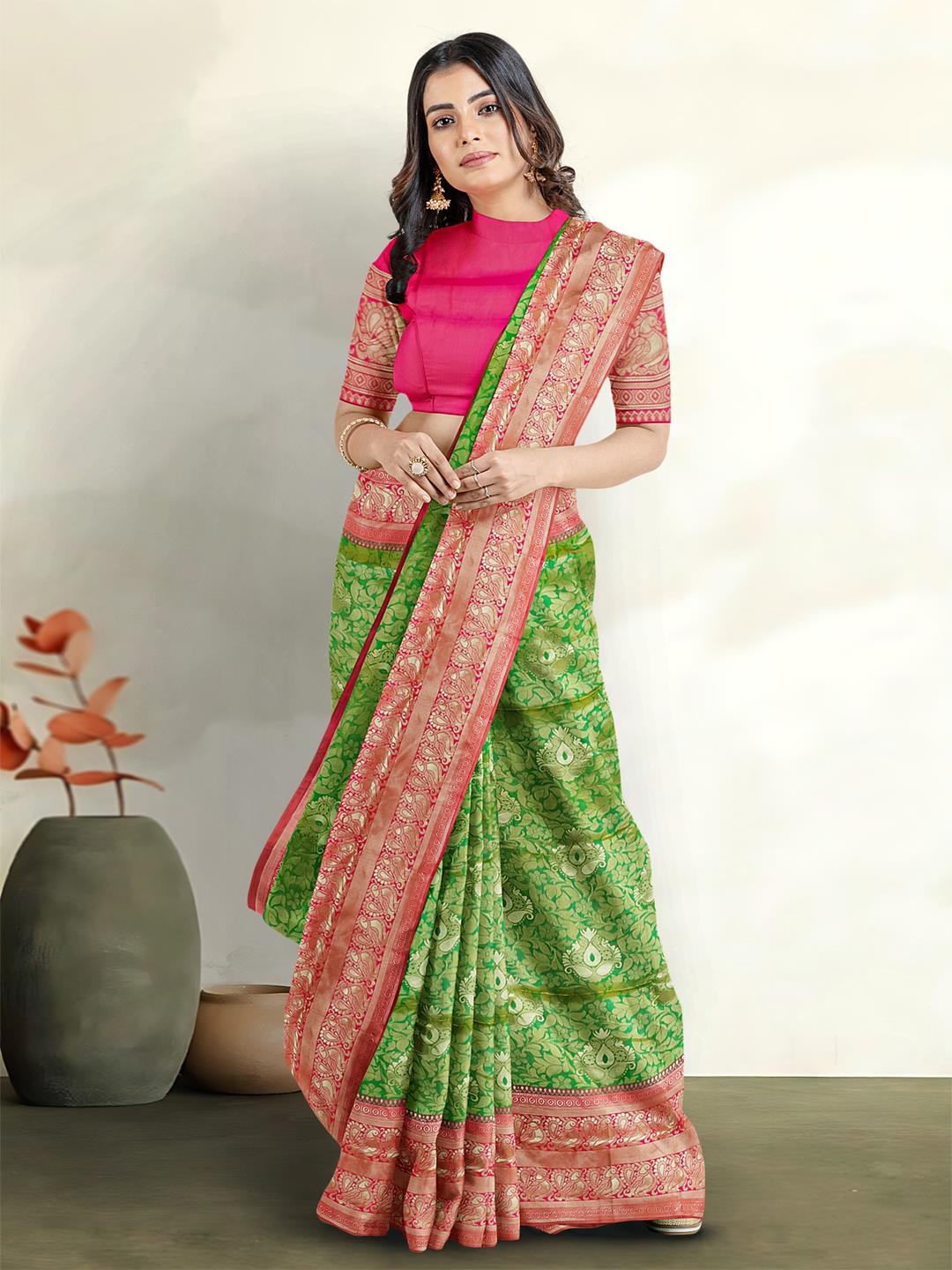 

Kalamandir Ethnic Motifs Woven Design Zari Banarasi Saree, Green