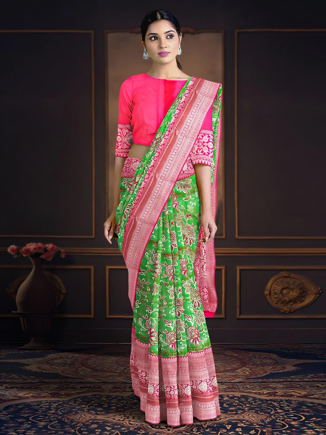 

Kalamandir Ethnic Motifs Woven Design Zari Banarasi Saree, Green