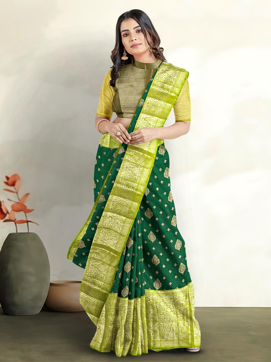 

Kalamandir Ethnic Motifs Woven Design Zari Banarasi Saree, Green