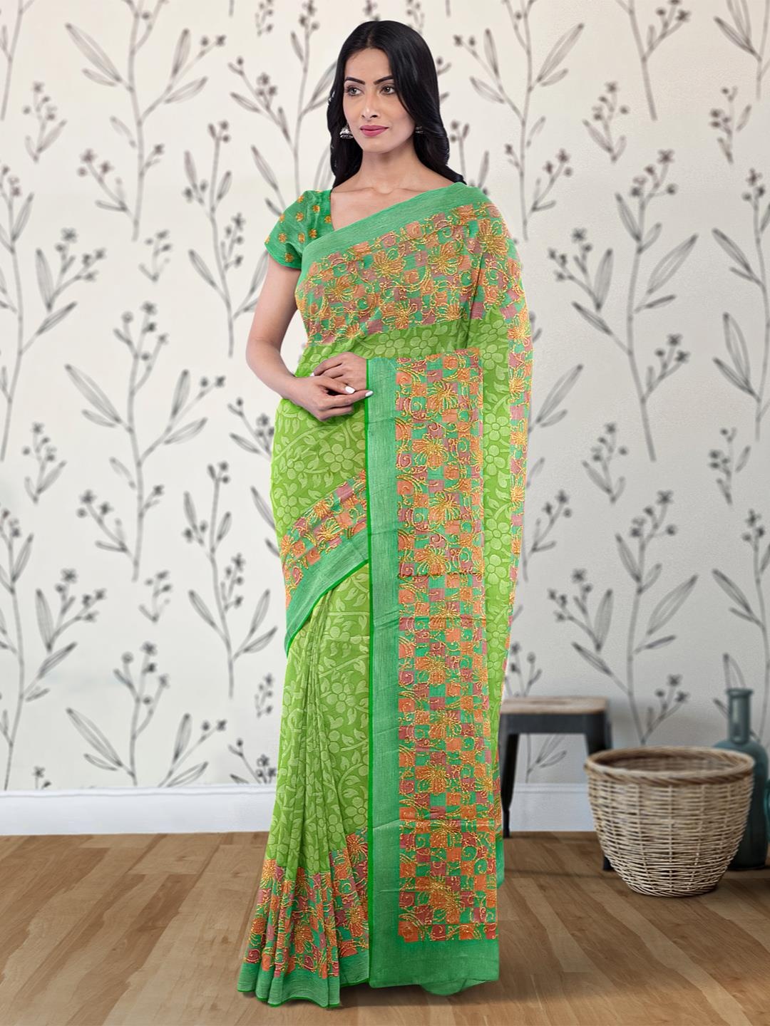 

Kalamandir Floral Printed Silk Blend Saree, Olive