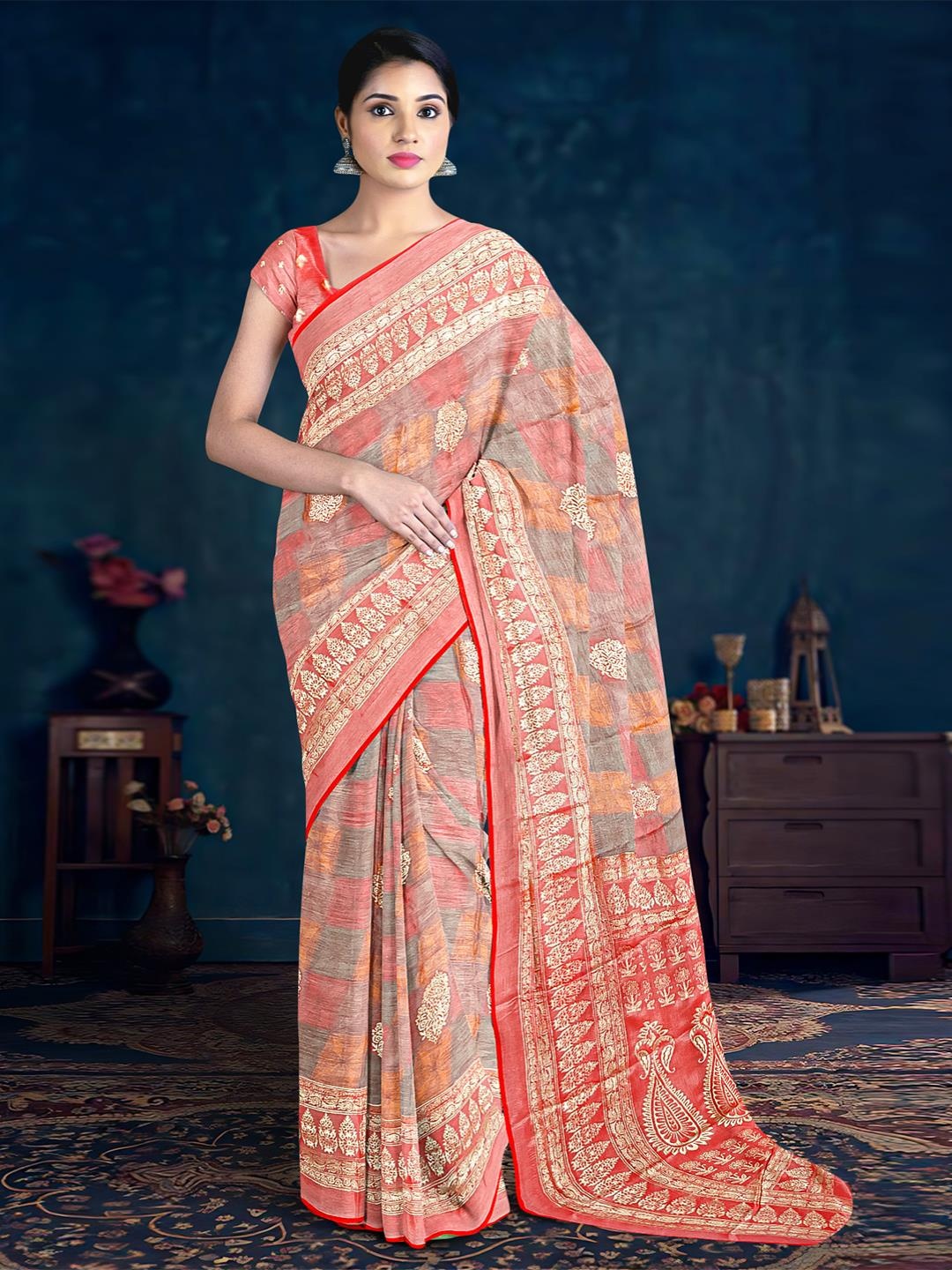 

Kalamandir Paisley Printed Silk Blend Saree, Red