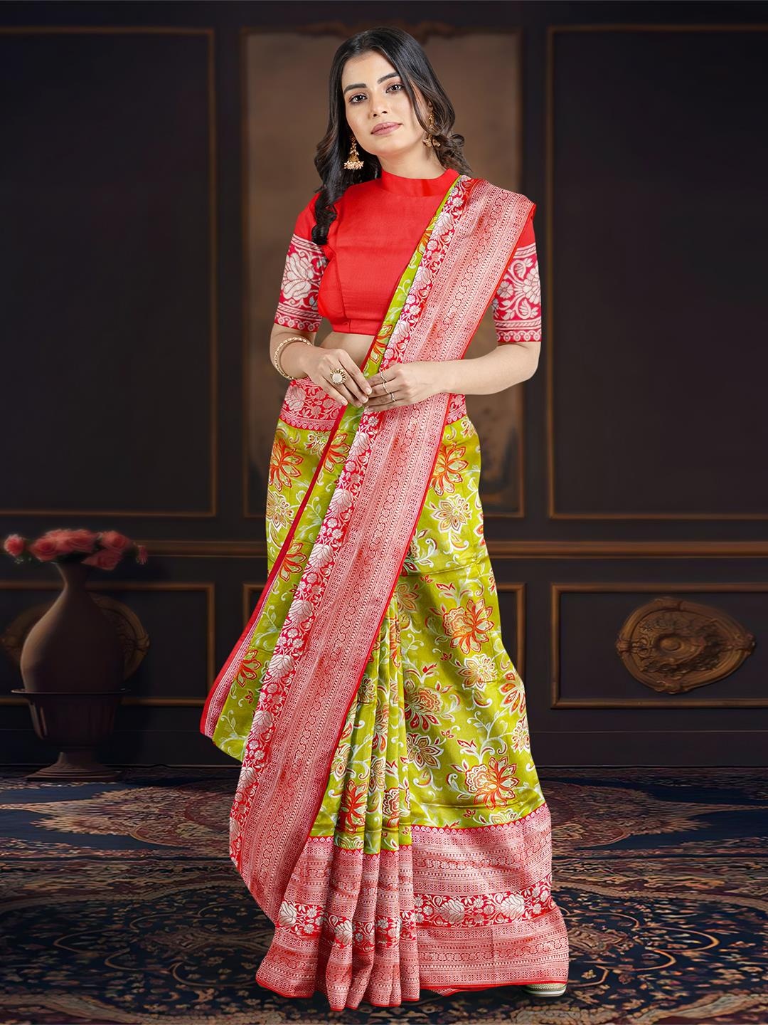 

Kalamandir Floral Woven Design Zari Banarasi Saree, Green