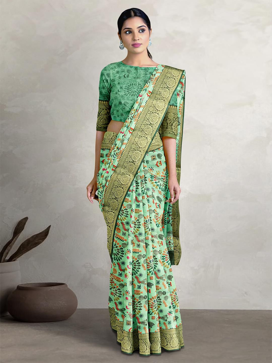 

Kalamandir Floral Printed Zari Saree, Sea green