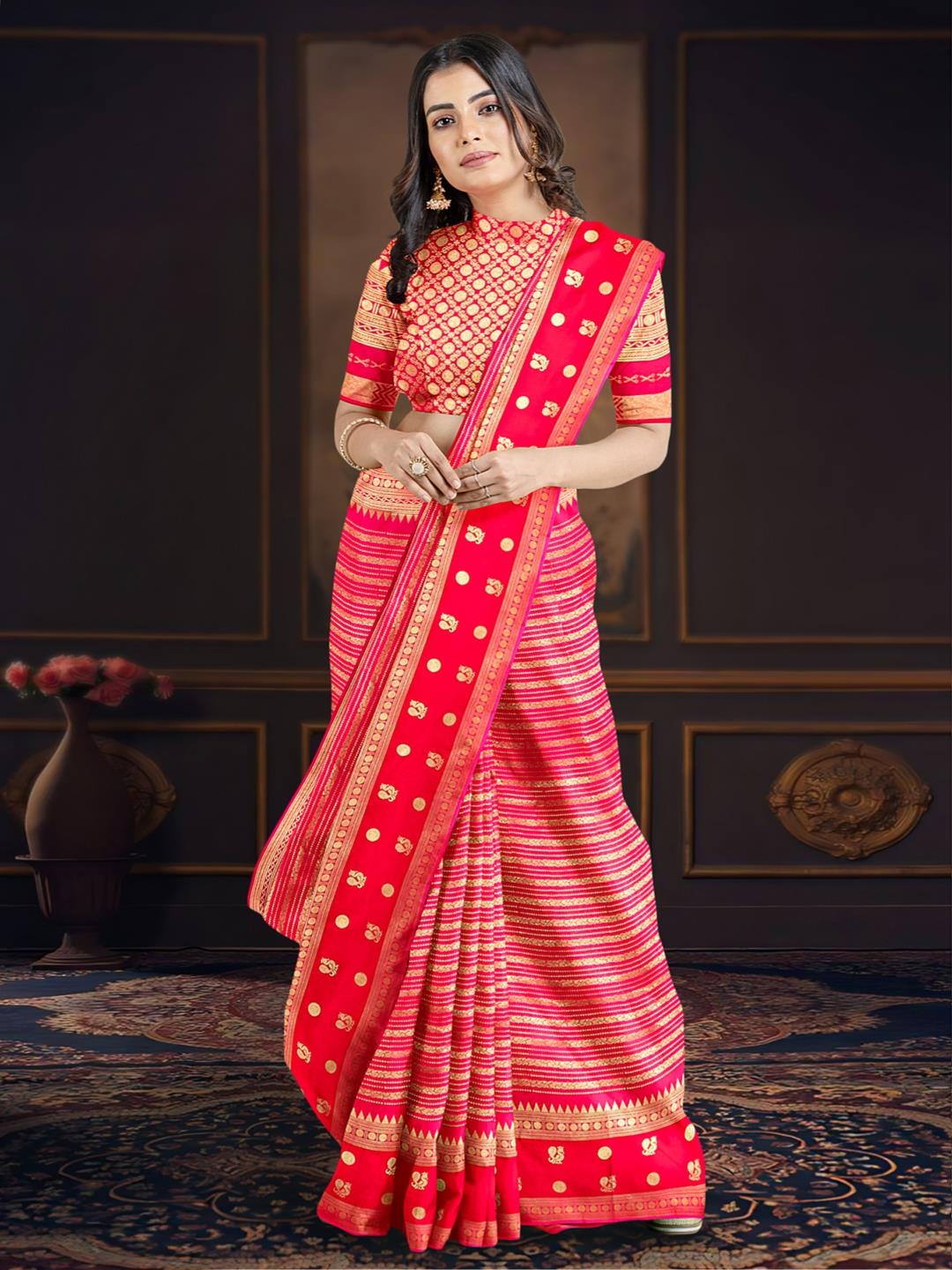 

Kalamandir Ethnic Motifs Woven Design Zari Banarasi Saree, Pink