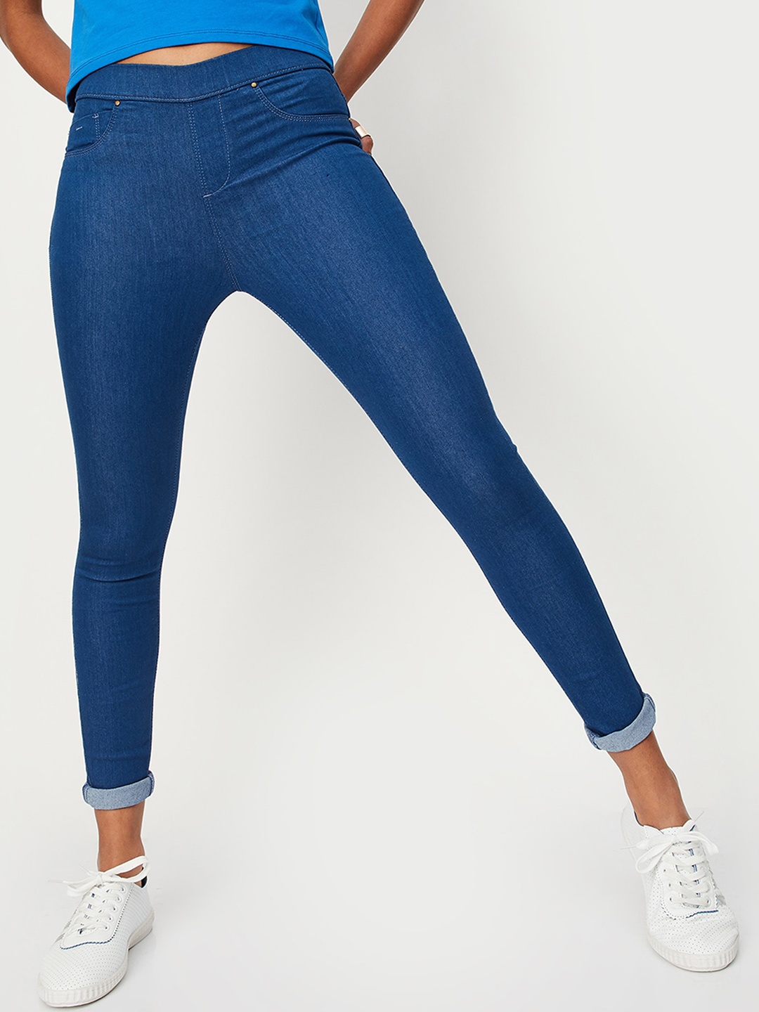 

max Women Skinny Fit Mid Rise Cotton Jeans, Blue