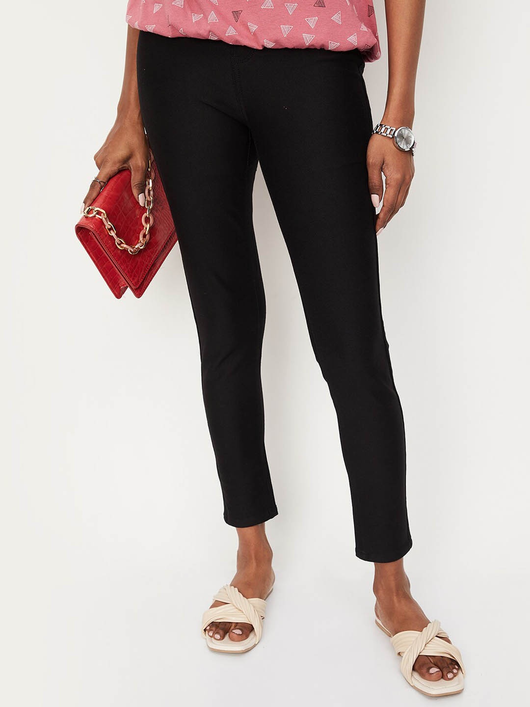 

max Women High-Rise Skinny Fit Cotton Trousers, Black