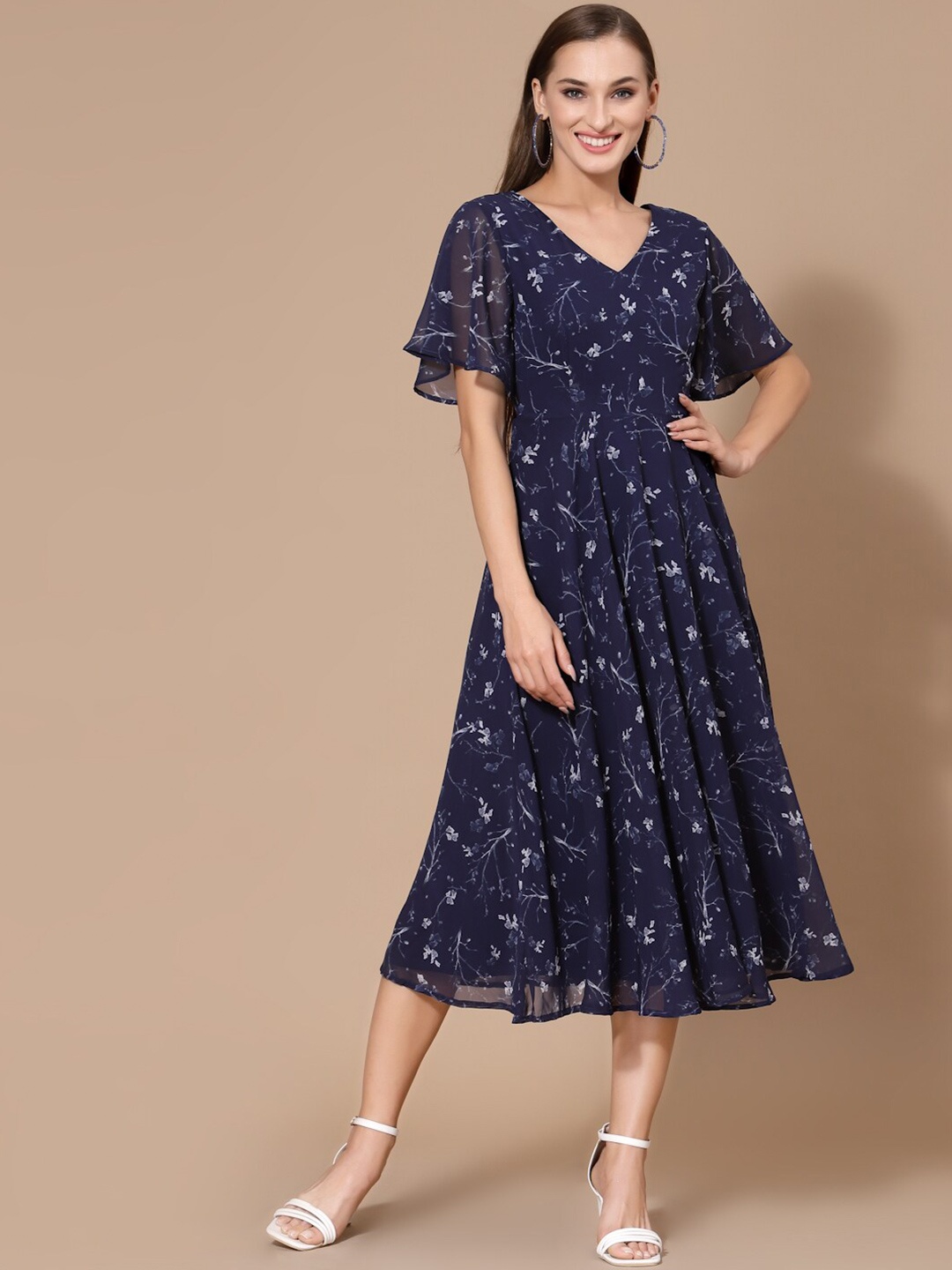 

Strong And Brave Odour Free Floral Printed Georgette Midi Dress, Navy blue