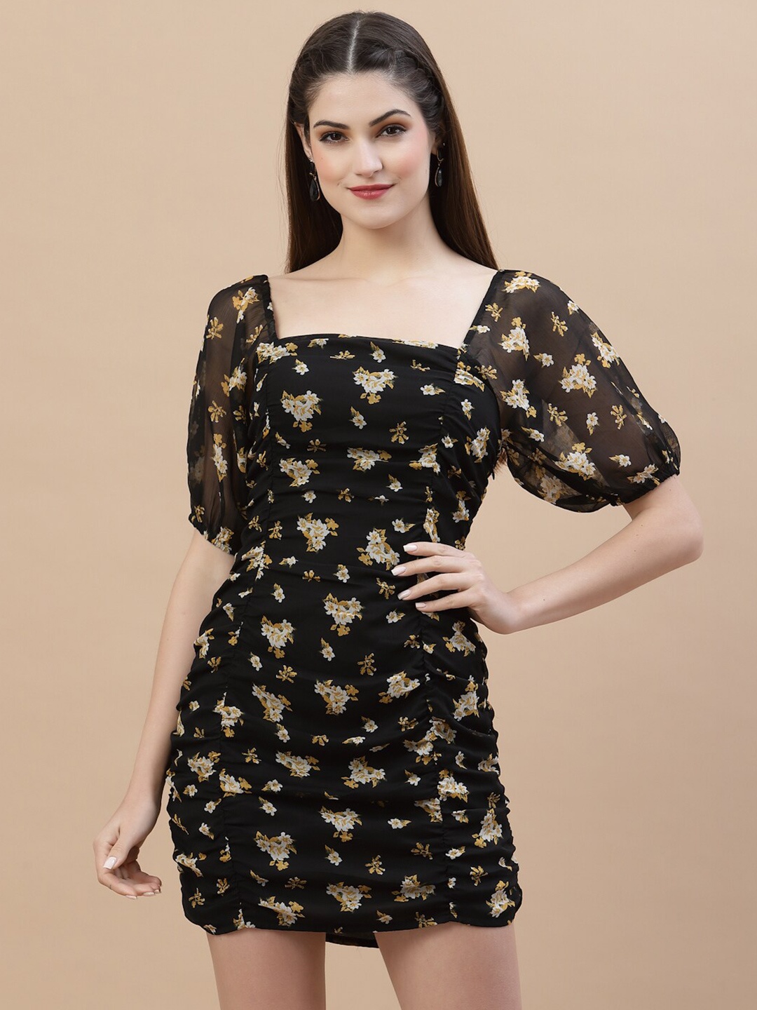 

Strong And Brave Odour Free Floral Printed Ruched Sheath Mini Dress, Black