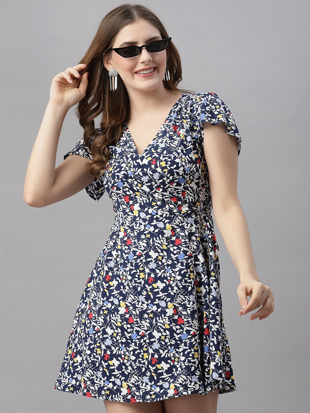 

Strong And Brave Odour Free Floral Flutter Sleeve A-Line Dress, Navy blue