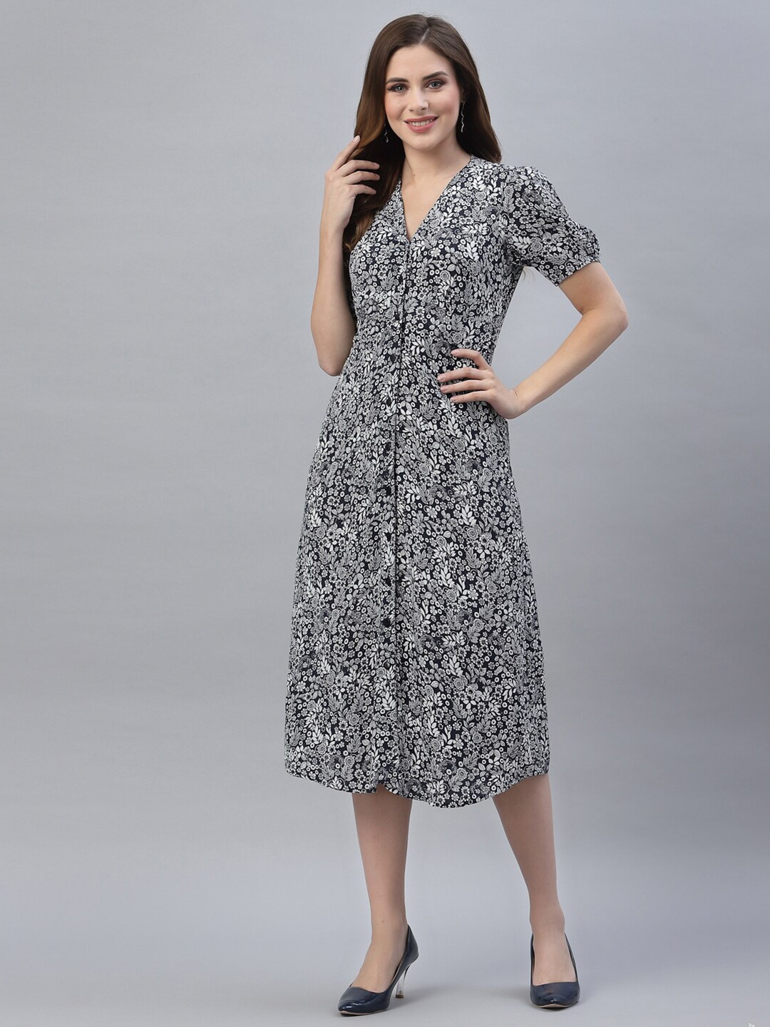 

Strong And Brave Odour Free Floral Puff Sleeve Button Down Midi Dress, Navy blue