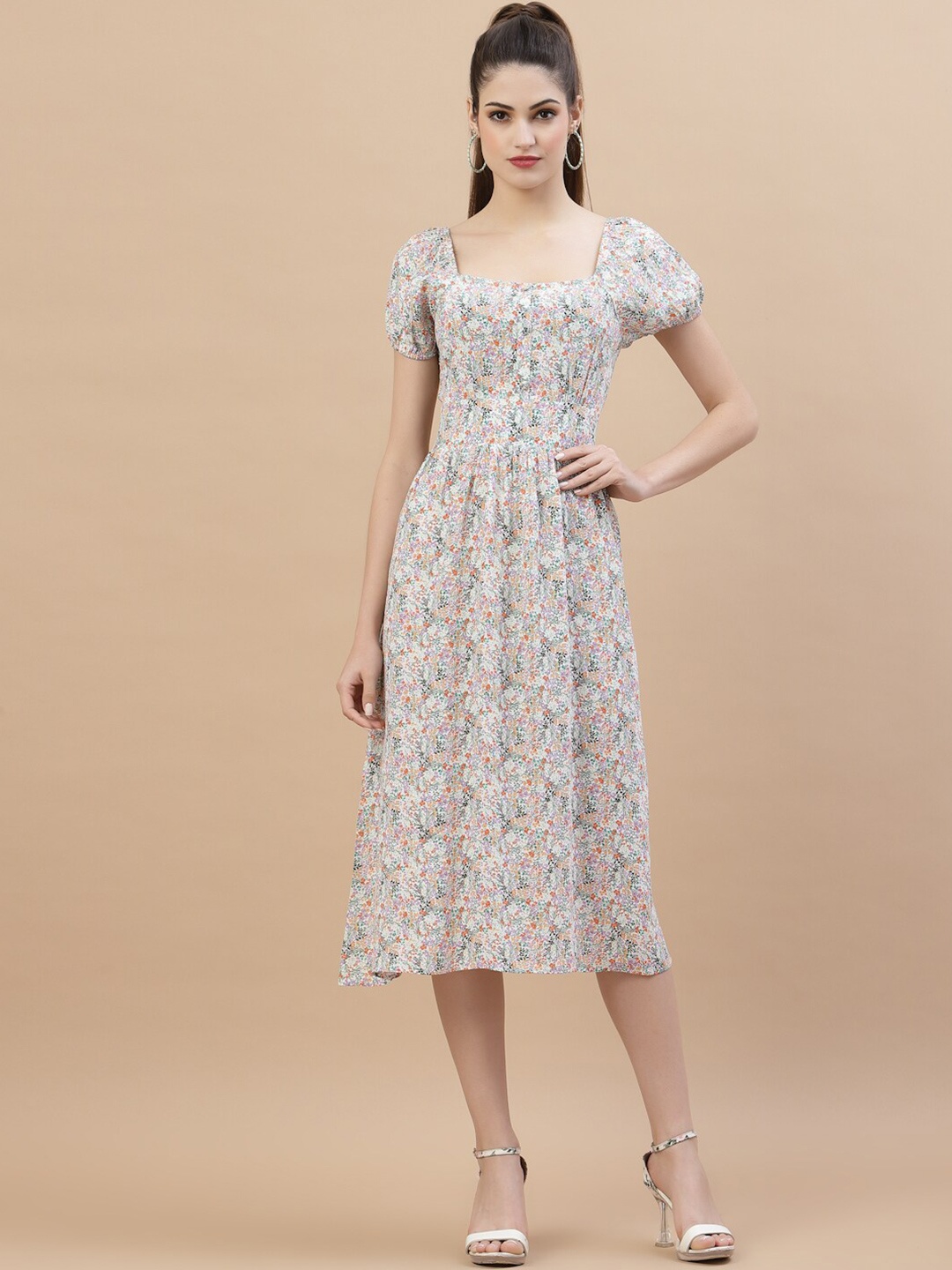 

Strong And Brave Odour Free Floral Square Neck Smocked Detail Midi Dress, White