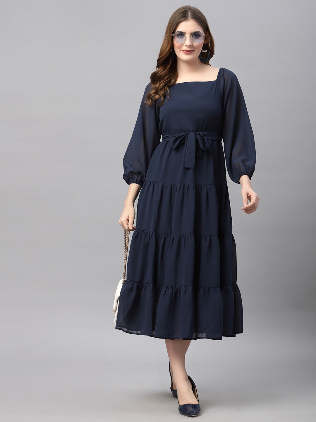 

Strong And Brave Women Odour Free Square Neck Georgette Empire Midi Dress, Navy blue
