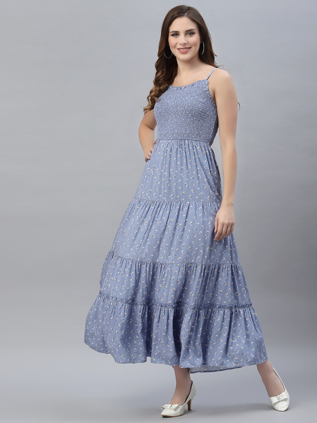 

Strong And Brave Odour Free Floral Printed Smocked Tiered Fit Flare Dress, Blue