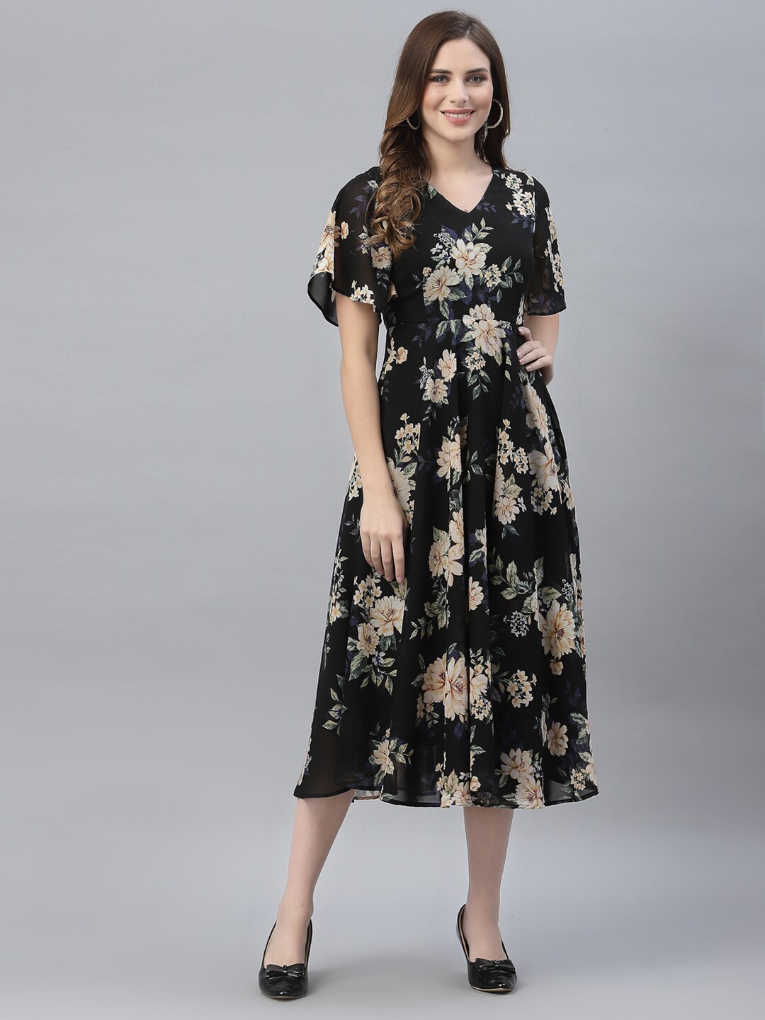 

Strong And Brave Odour Free V Neck Floral Georgette Midi Dress, Black