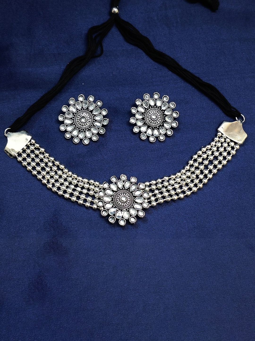 

PRASUB Oxidised Silver-Plated Stone Studded Jewellery Set