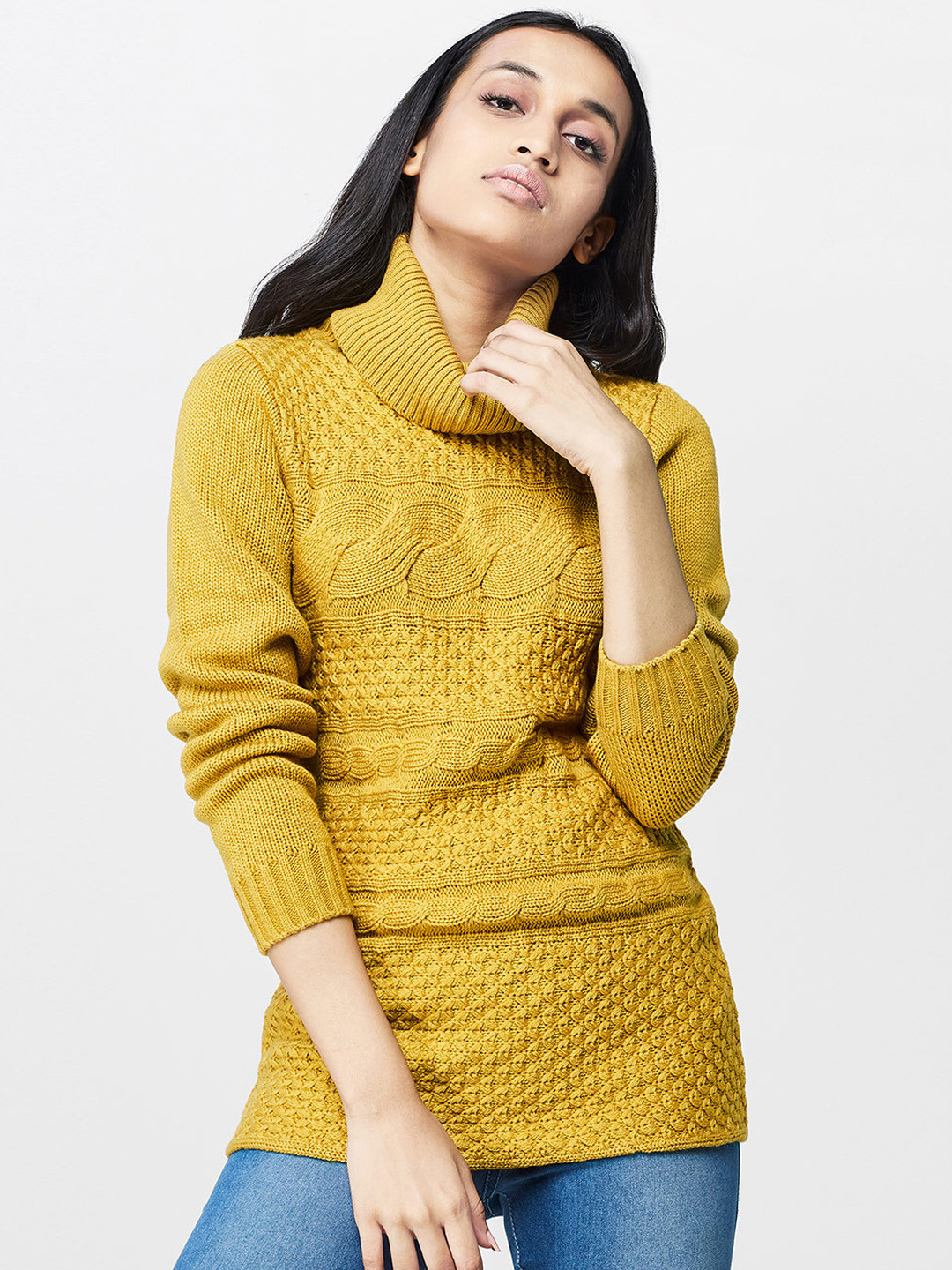 

AND Women Mustard Yellow Self Design Sweater