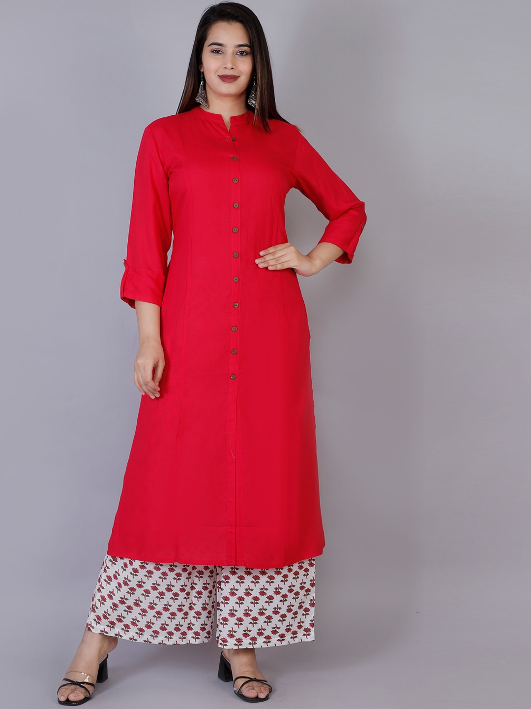 

DORIYA Mandarin Collar Kurta With Printed Palazzos, Red