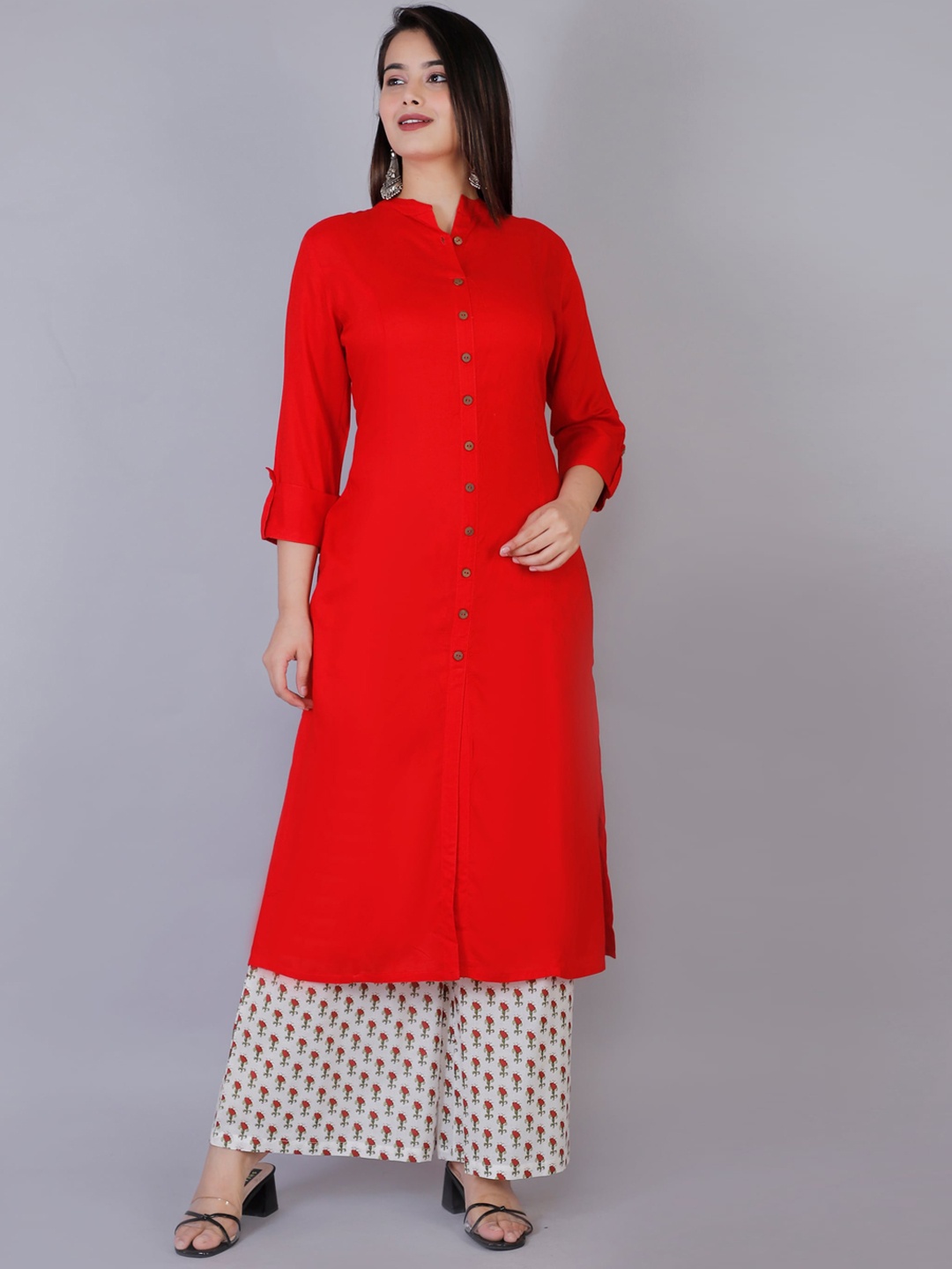 

DORIYA Band Collar A-Line Kurta with Palazzos, Red