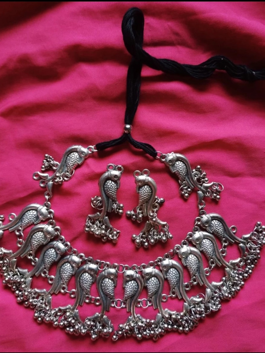 

PRASUB Silver-Plated Oxidised Artificial Beads Jewellery Set