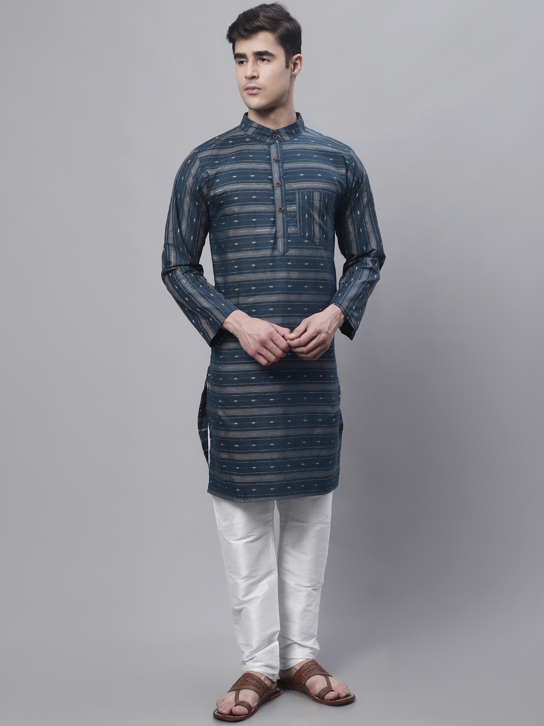 

Enchanted Drapes Striped Mandarin Collar Pure Cotton Kurta, Blue