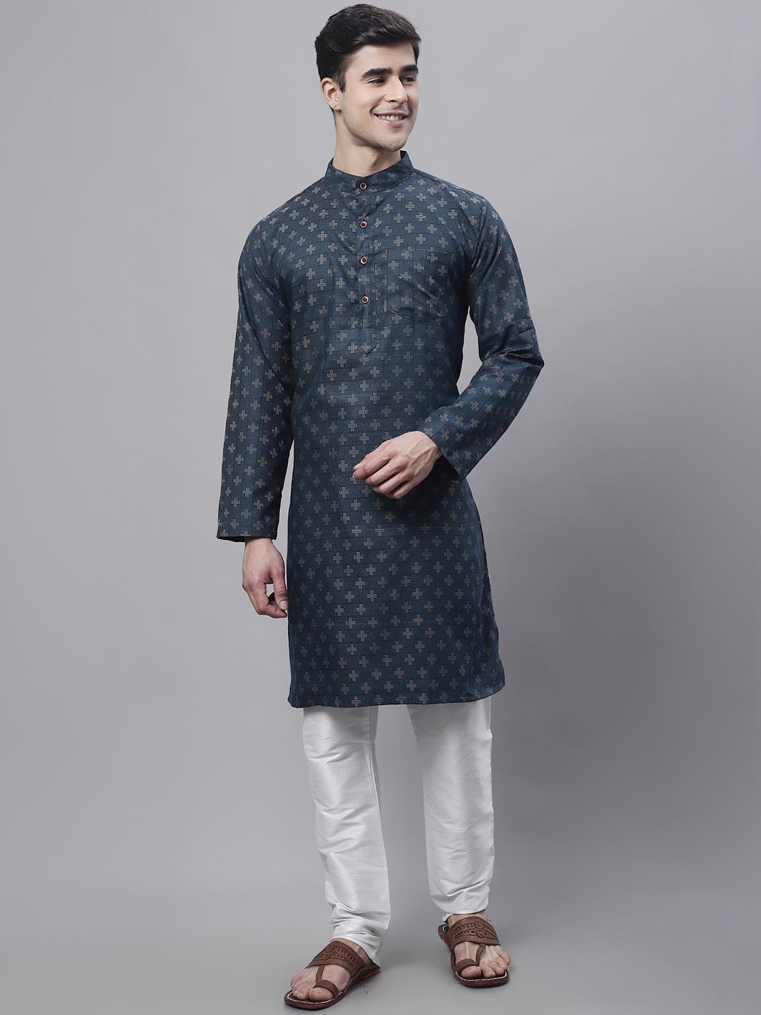 

Enchanted Drapes Woven Design Mandarin Collar Pure Cotton Kurta, Blue