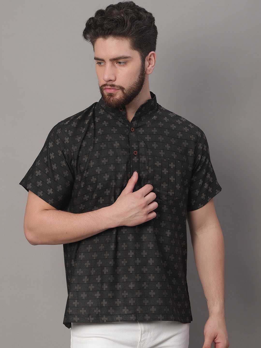 

Enchanted Drapes Woven Design Mandarin Collar Pure Cotton Short Kurta, Black