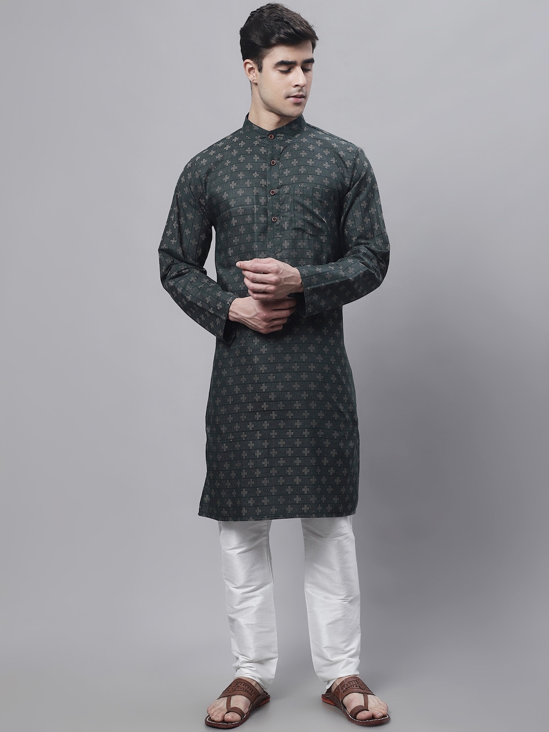 

Enchanted Drapes Woven Design Mandarin Collar Pure Cotton Kurta, Green