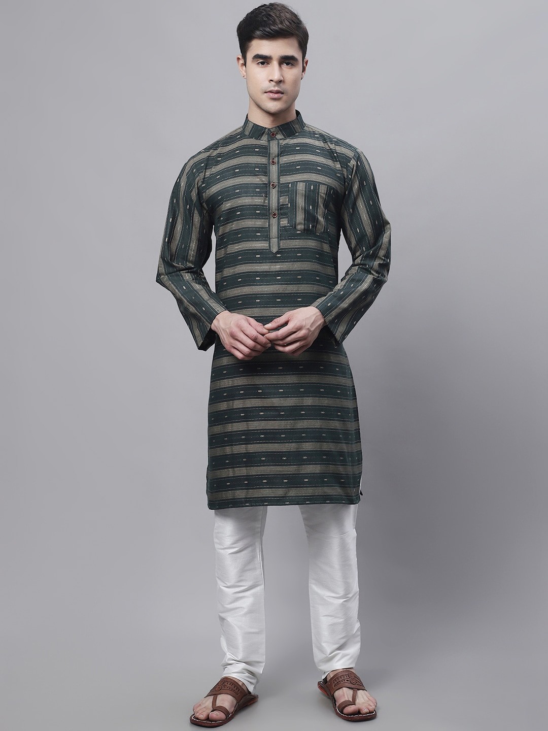 

Enchanted Drapes Striped Mandarin Collar Pure Cotton Kurta, Green
