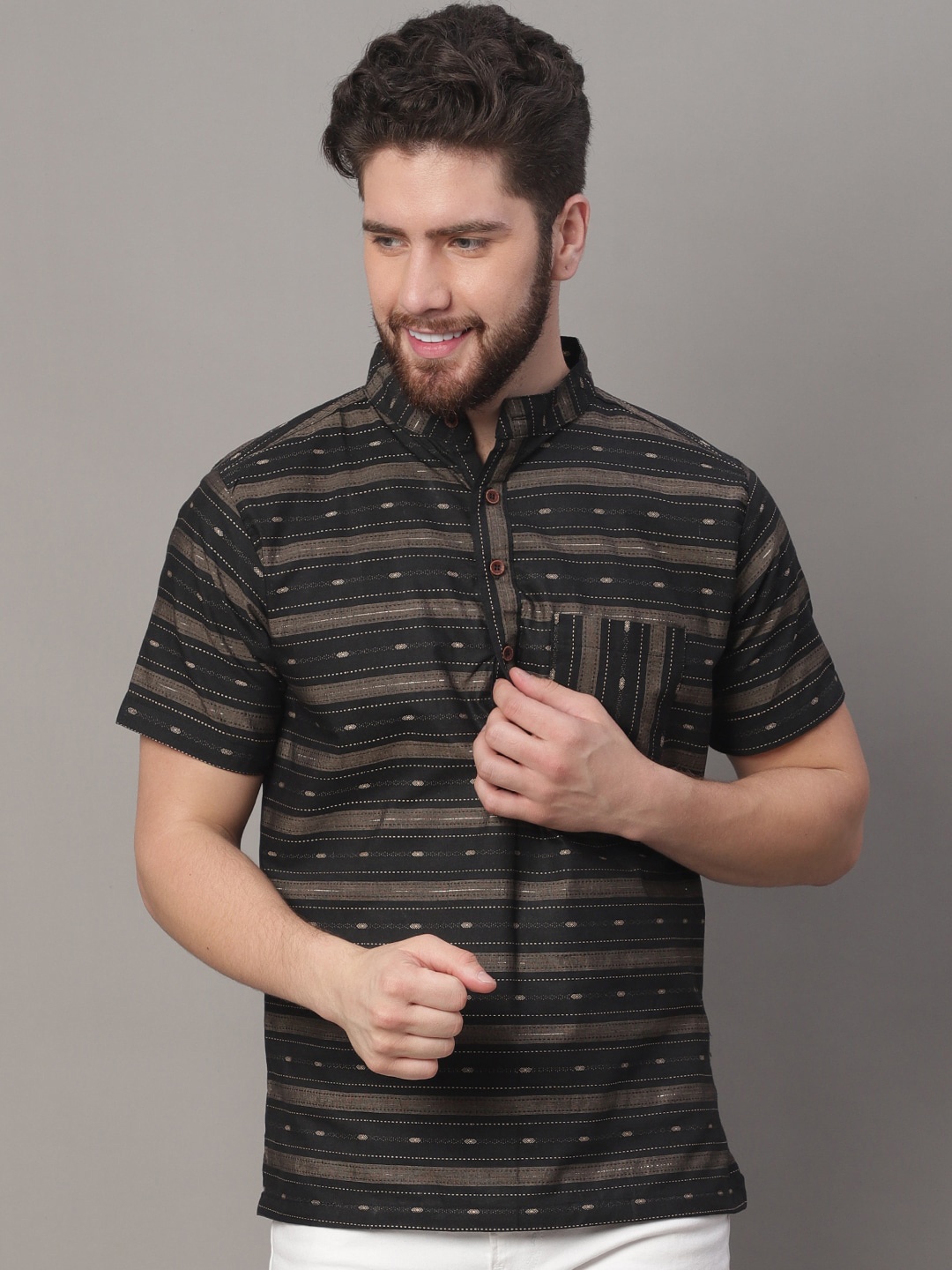 

Enchanted Drapes Striped Mandarin Collar Pure Cotton Kurta, Black