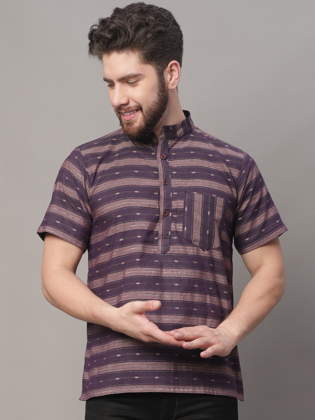 

Enchanted Drapes Striped Mandarin Collar Pure Cotton Kurta, Purple