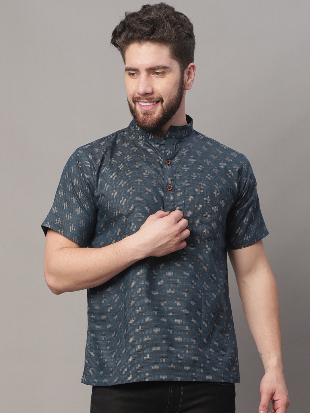 

Enchanted Drapes Woven Design Mandarin Collar Pure Cotton Kurta, Blue
