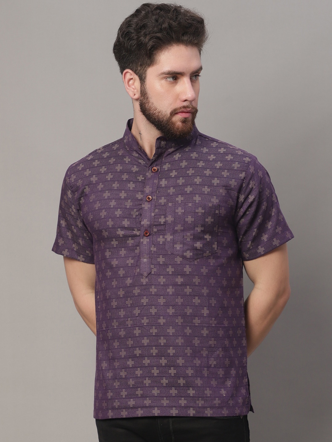

Enchanted Drapes Woven Design Mandarin Collar Pure Cotton Kurta, Purple