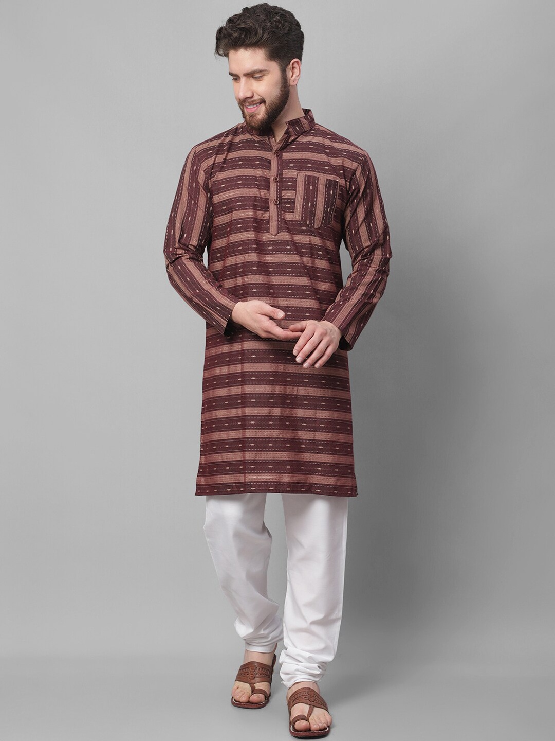 

Enchanted Drapes Striped Mandarin Collar Pure Cotton Kurta, Violet