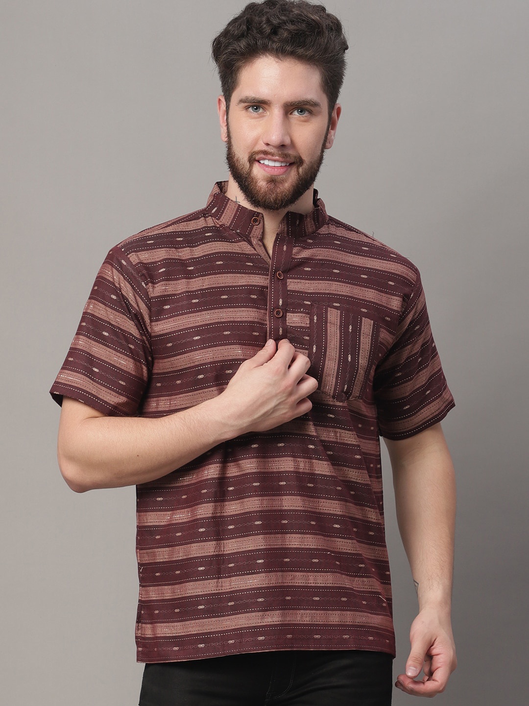 

Enchanted Drapes Striped Mandarin Collar Pure Cotton Kurta, Violet