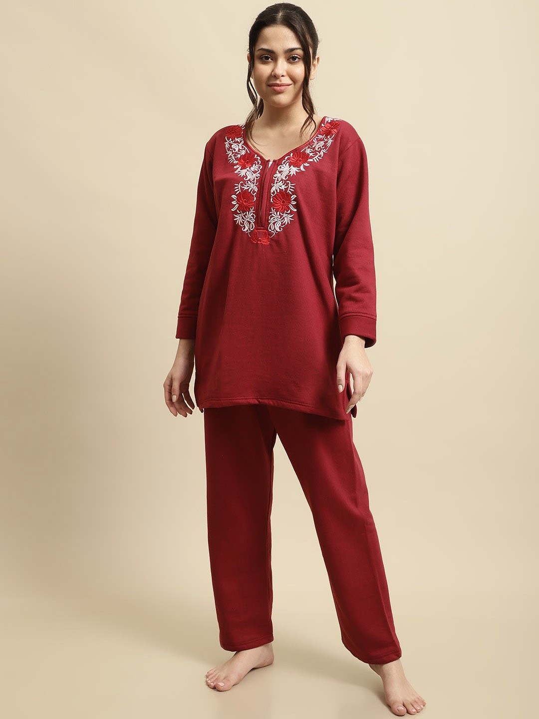 

Secret Wish Floral Embroidered Night Suit, Maroon