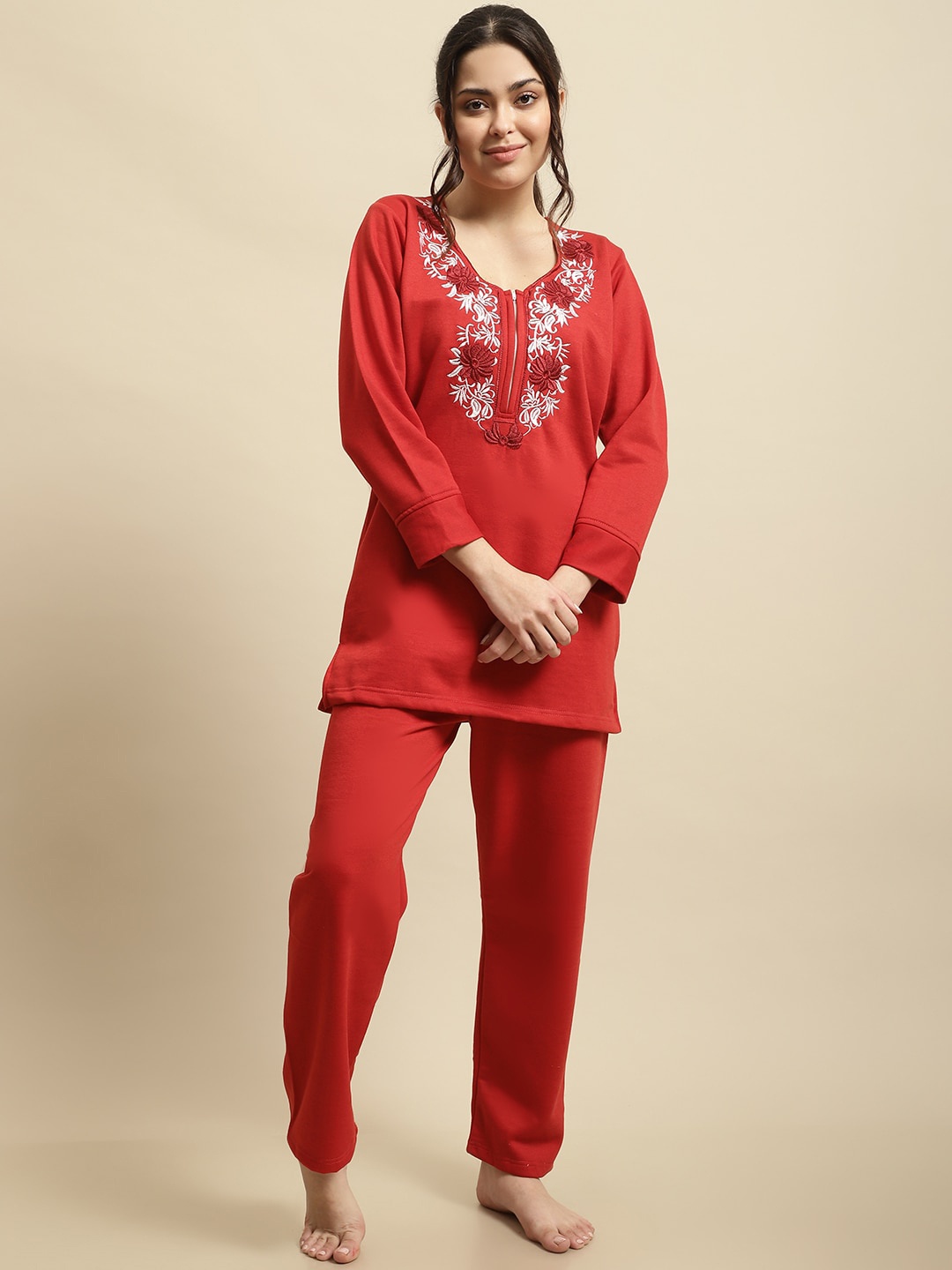 

Secret Wish V-Neck Floral Embroidered Woolen Kurti & Trousers, Red