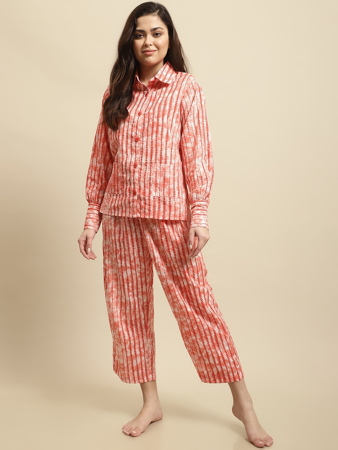 

Secret Wish Shirt Collar Geometric Tie-Dye Printed Night Shirt & Trousers, Red