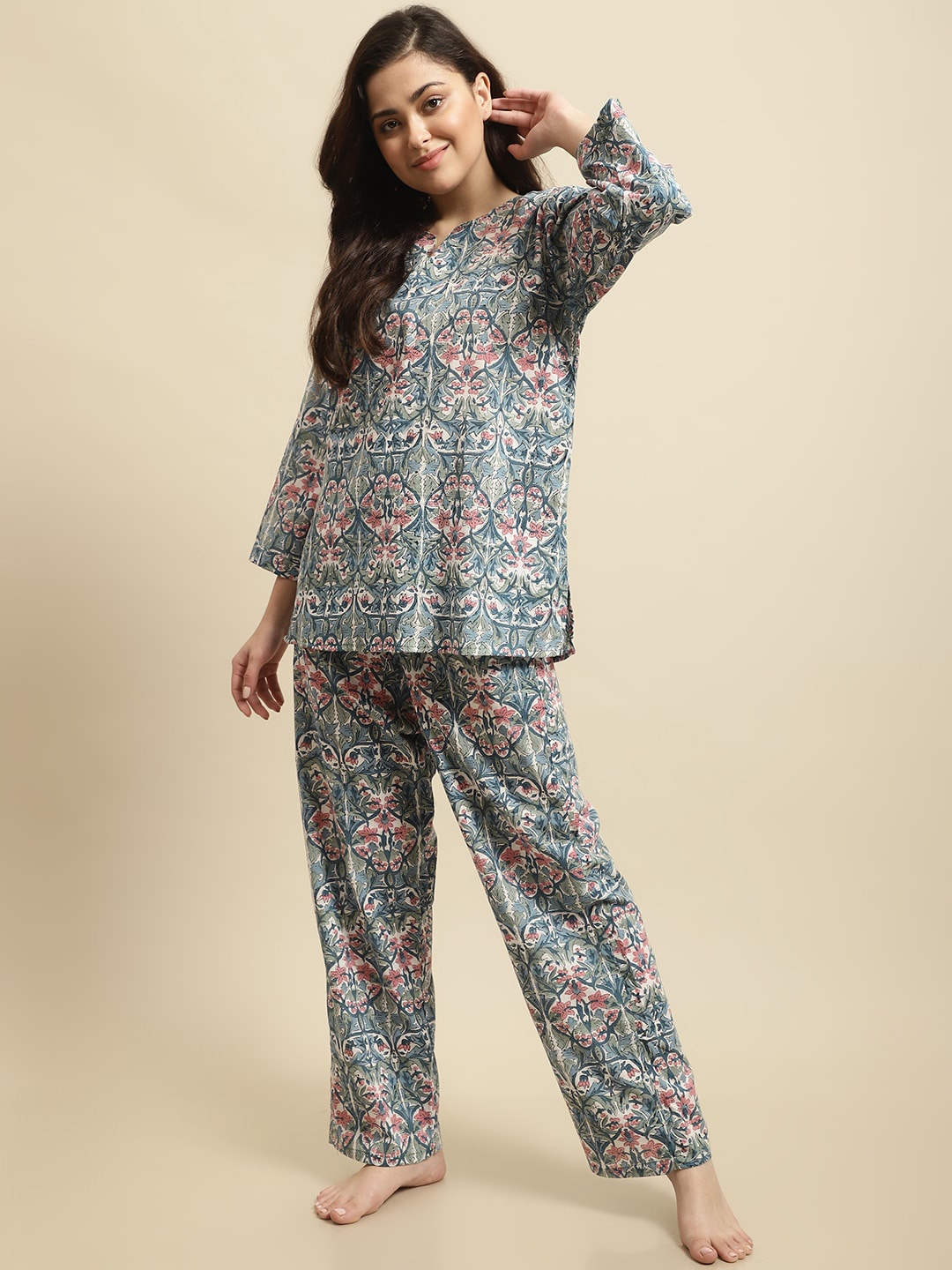 

Secret Wish Sanganeri Handblock Floral Printed Pure Cotton Night Suit, Blue