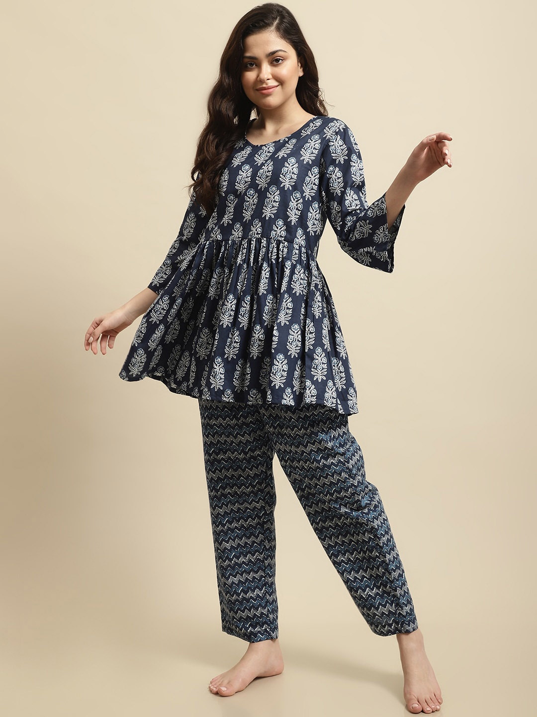 

Secret Wish Sanganeri Motifs Print Pure Cotton Night Suit, Navy blue