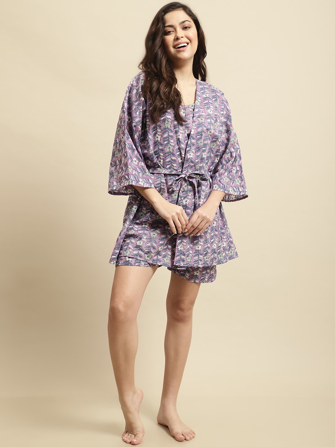 

Secret Wish 3 Piece Sanganeri Floral Printed Pure Cotton Night Suit With Robe, Purple