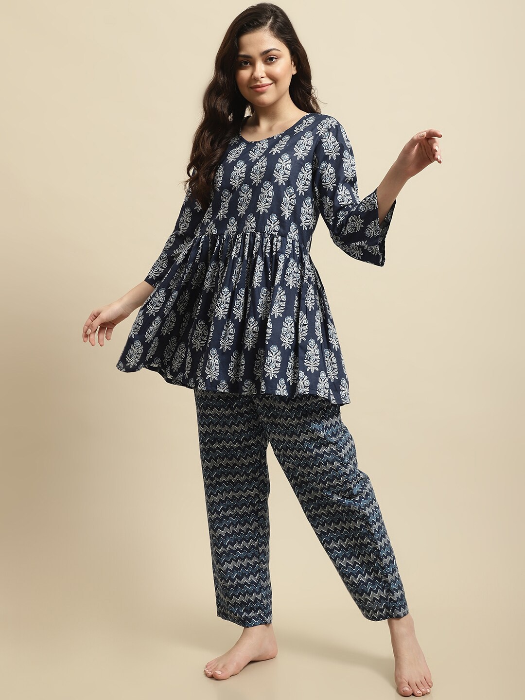 

Secret Wish Sanganeri Motifs Print Pure Cotton Night Suit, Navy blue