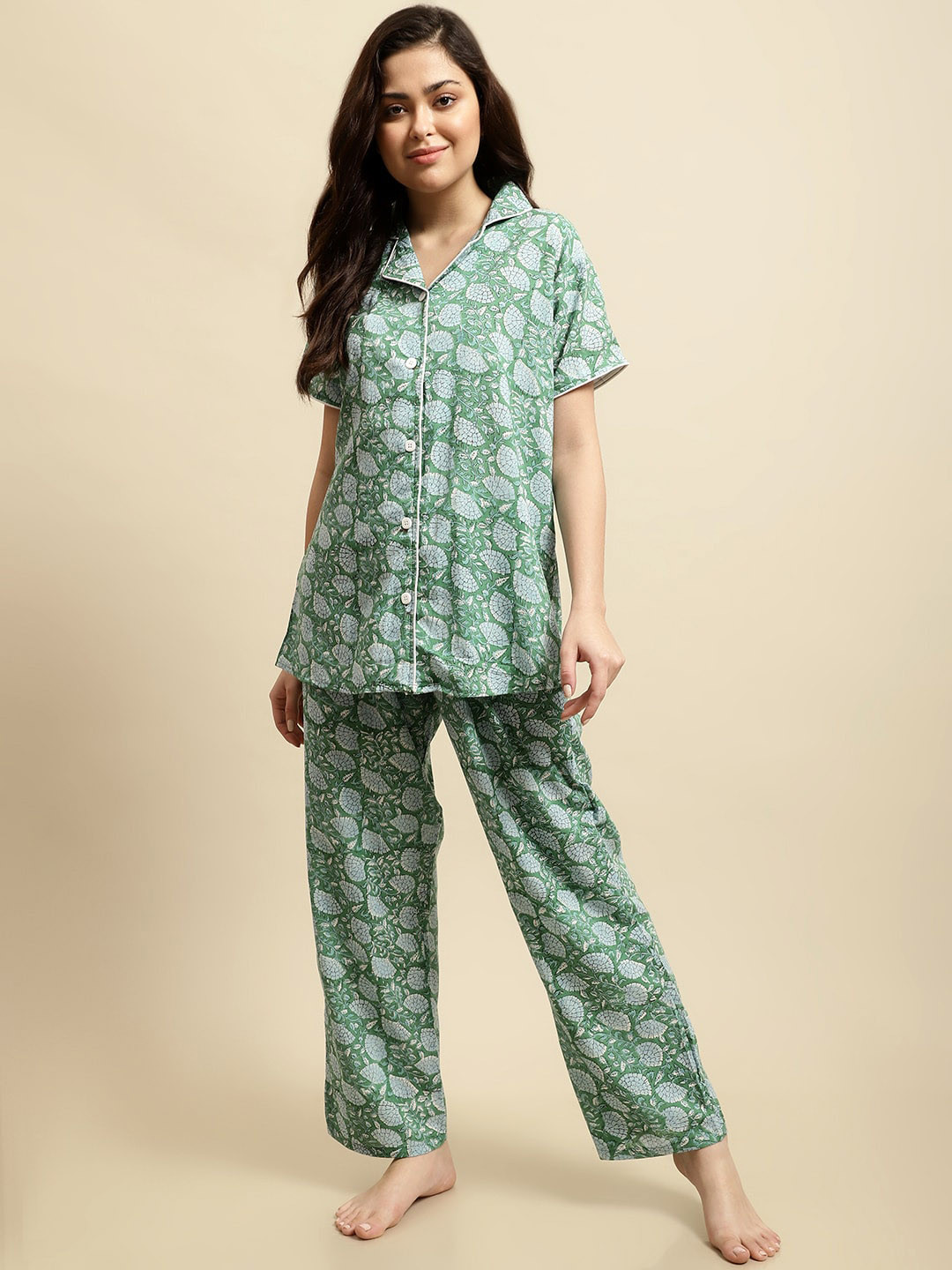 

Secret Wish Sanganeri Handblock Floral Printed Pure Cotton Night Suit, Green