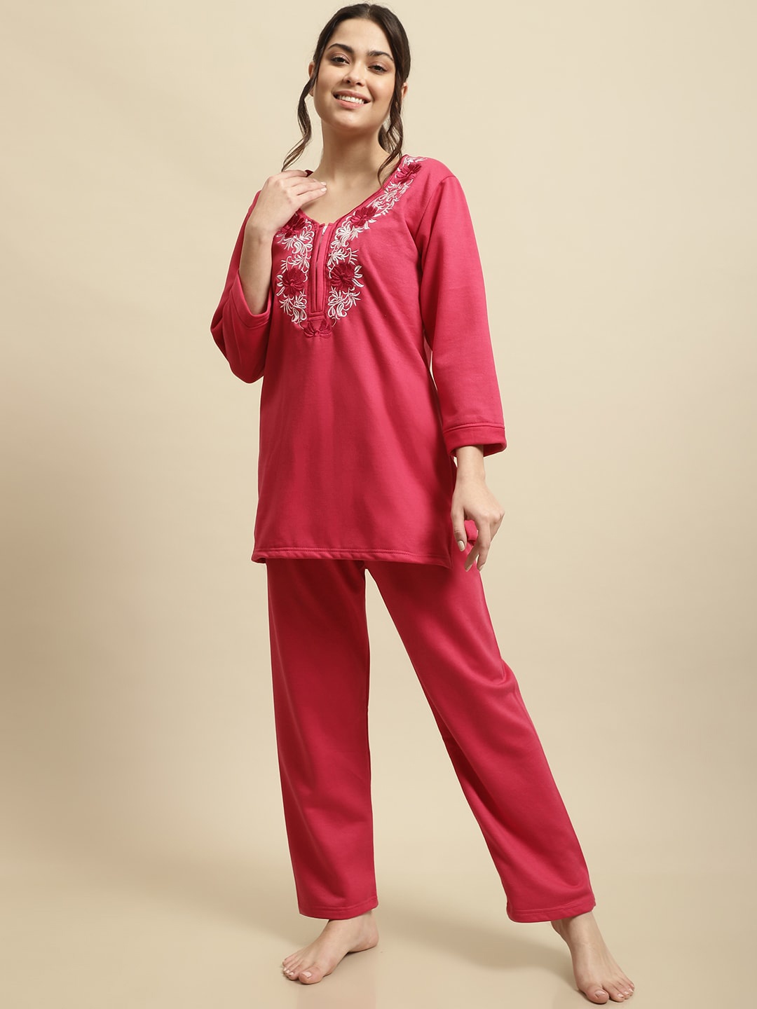 

Secret Wish Floral Embroidered Night Suit, Pink