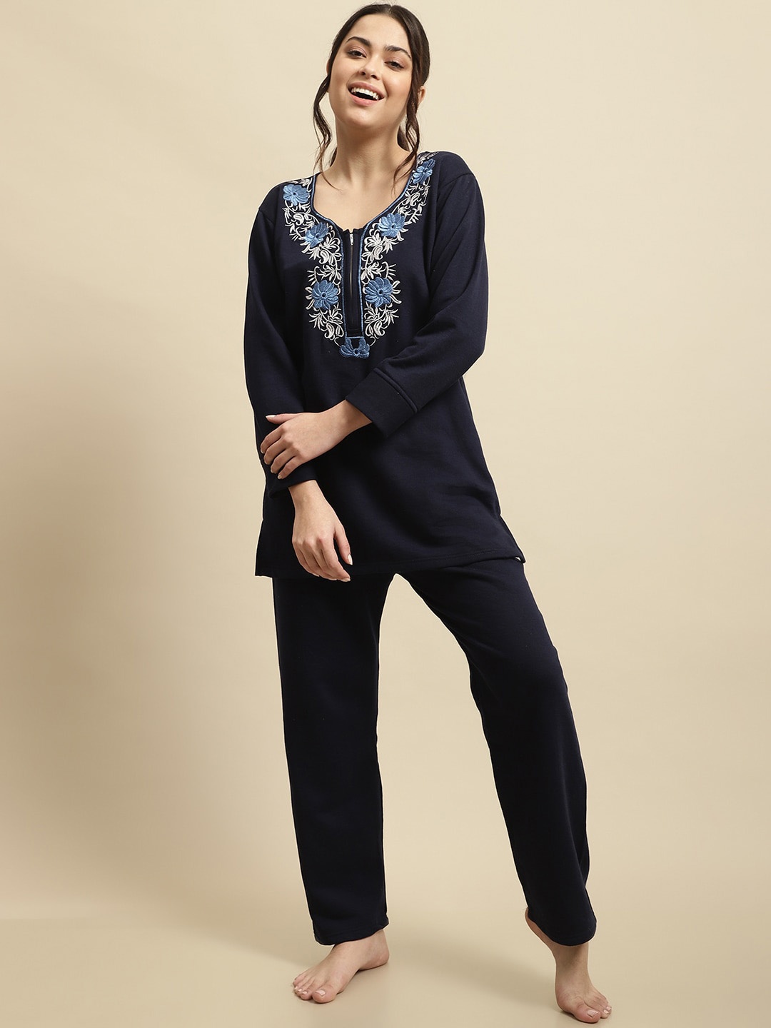 

Secret Wish Floral Embroidered Night Suit, Navy blue