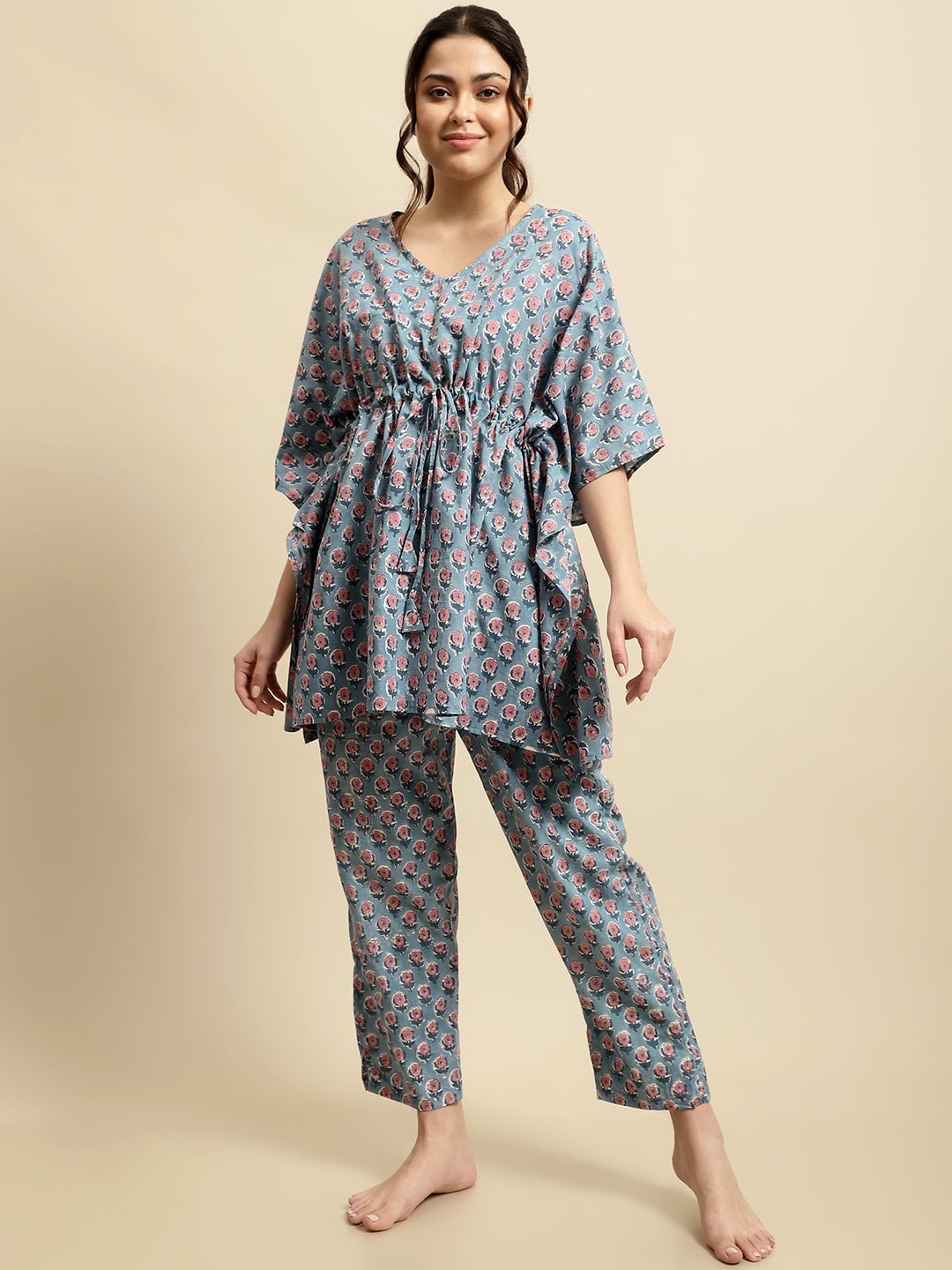

Secret Wish Handblock Sanganeri Floral Printed Pure Cotton Kaftan Night Suit, Blue