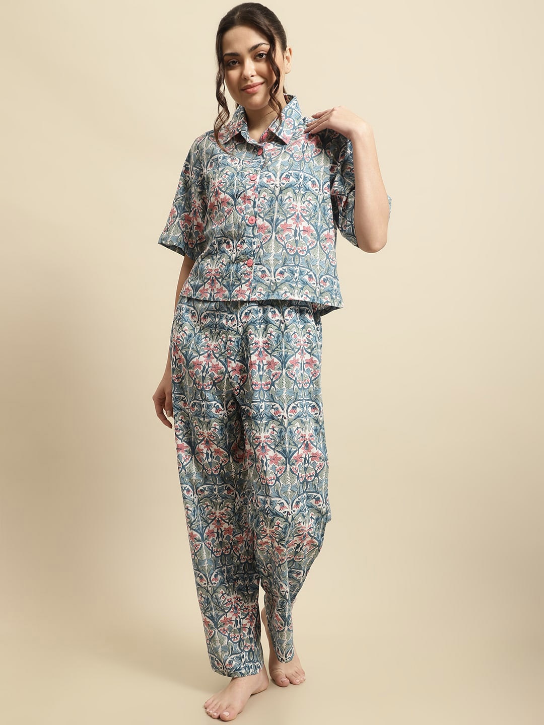 

Secret Wish Handblock Sanganeri Floral Printed Pure Cotton Night Suit, Blue