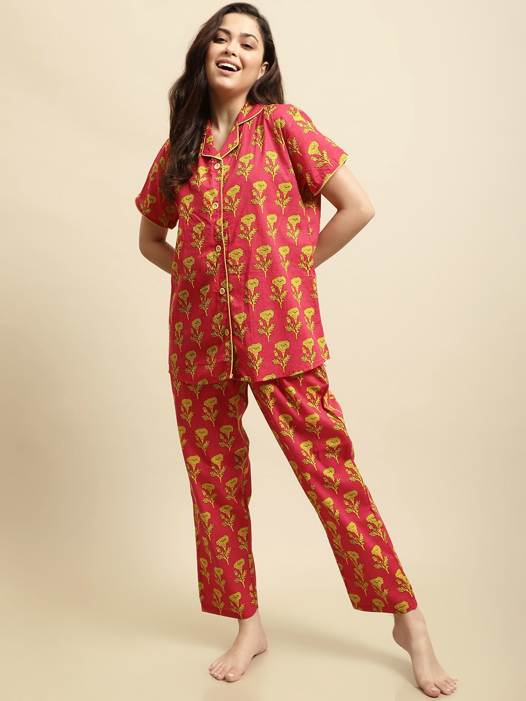 

Secret Wish Sanganeri Floral Printed Pure Cotton Night Suit, Pink