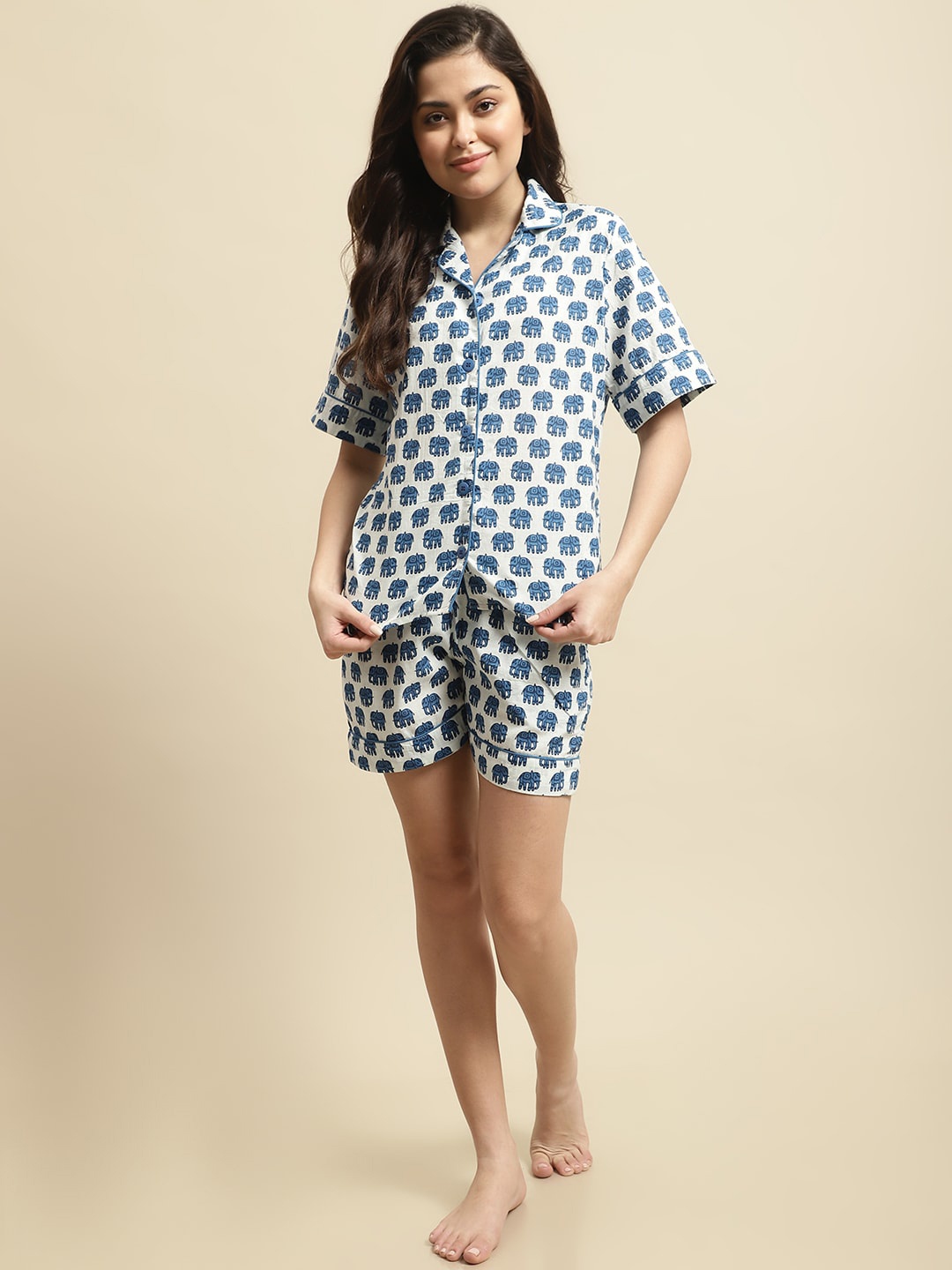 

Secret Wish Sanganeri Conversational Print Pure Cotton Shorts Night Suit, Blue