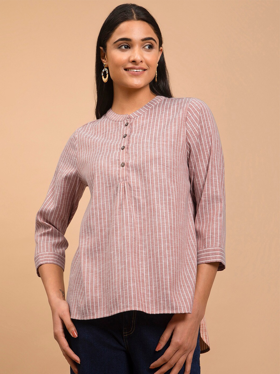 

Pink Fort Striped Mandarin Collar Shirt Style Top, Orange